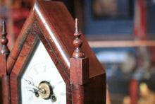 Load image into Gallery viewer, Antique Jerome & Co Alarm Steeple Mantel Clock - Gothic Revival Rose Glass - Working American Shelf Clock, 39cm