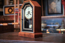 Load image into Gallery viewer, Antique Mantel Clock With Walnut Case, Glazed Door, Roman Numeral Dial & Pendulum - Working - 32 x 22 x 9.5cm