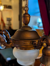 Load image into Gallery viewer, Vintage C.1930 Brass 4-Arm Chandelier With Frosted Etched Glass Bowl Shade - Neoclassical Empire Revival Ceiling Light