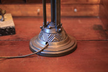 Load image into Gallery viewer, Antique Arts And Crafts Stained Glass Table Lamp - Pierced Metal Prairie Shade - Red & Green Glass - 60 Cm Tall