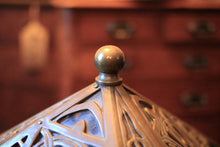 Load image into Gallery viewer, Antique Arts And Crafts Stained Glass Table Lamp - Pierced Metal Prairie Shade - Red & Green Glass - 60 Cm Tall