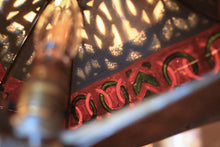 Load image into Gallery viewer, Antique Arts And Crafts Stained Glass Table Lamp - Pierced Metal Prairie Shade - Red & Green Glass - 60 Cm Tall