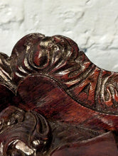 Load image into Gallery viewer, Antique Carved Wooden Corner Wall Brackets Pair - Gothic Revival Grotesque Mask Corbels - 21cm Tall x 23cm