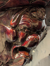 Load image into Gallery viewer, Antique Carved Wooden Corner Wall Brackets Pair - Gothic Revival Grotesque Mask Corbels - 21cm Tall x 23cm