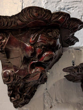 Load image into Gallery viewer, Antique Carved Wooden Corner Wall Brackets Pair - Gothic Revival Grotesque Mask Corbels - 21cm Tall x 23cm