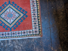 Load image into Gallery viewer, 4'3" x 3'2" - Vintage Anatolian Geometric Wool Rug - Terracotta Orange, Sky Blue & Soft Ivory - 129 x 96 cm