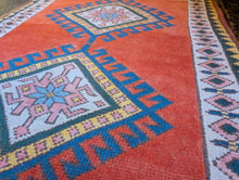 Load image into Gallery viewer, 4'3" x 3'2" - Vintage Anatolian Geometric Wool Rug - Terracotta Orange, Sky Blue & Soft Ivory - 129 x 96 cm