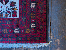 Load image into Gallery viewer, 3'7" x 6'5" - Vintage Afghan Baluch (Baluchi) Tribal Hand-Knotted Wool Rug - Madder Red, Indigo & Ivory - 109 x 196 cm