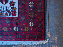 Load image into Gallery viewer, 3'7" x 6'5" - Vintage Afghan Baluch (Baluchi) Tribal Hand-Knotted Wool Rug - Madder Red, Indigo & Ivory - 109 x 196 cm