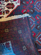Load image into Gallery viewer, 3'7" x 6'5" - Vintage Afghan Baluch (Baluchi) Tribal Hand-Knotted Wool Rug - Madder Red, Indigo & Ivory - 109 x 196 cm