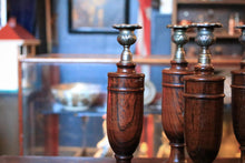 Load image into Gallery viewer, Set Of Four Vintage Turned Wooden Candlesticks With Brass Sconces - 30cm / 11.8" Tall