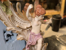 Load image into Gallery viewer, Vintage C.1950's Sherholtz Dresden Hand-Painted Porcelain Cherub Wall Mirror - VNP - Rose Garland Rococo - 63 x 24 cm