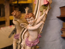 Load image into Gallery viewer, Vintage C.1950's Sherholtz Dresden Hand-Painted Porcelain Cherub Wall Mirror - VNP - Rose Garland Rococo - 63 x 24 cm