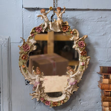 Load image into Gallery viewer, Vintage C.1950's Sherholtz Dresden Hand-Painted Porcelain Cherub Wall Mirror - VNP - Rose Garland Rococo - 63 x 24 cm