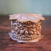 Load image into Gallery viewer, Antique Ornate Embossed Brass Pill Box / Trinket Box - Floral Scrollwork - Jewelry Ring Box - 6.8 cm