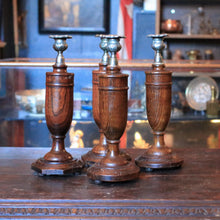 Load image into Gallery viewer, Set Of Four Vintage Turned Wooden Candlesticks With Brass Sconces - 30cm / 11.8" Tall