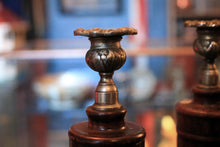 Load image into Gallery viewer, Set Of Four Vintage Turned Wooden Candlesticks With Brass Sconces - 30cm / 11.8" Tall