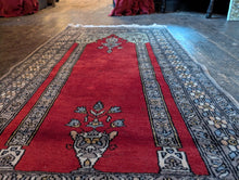 Load image into Gallery viewer, 2'5" x 4'8" - Vintage Turkish Hand Knotted Prayer Rug - Crimson Red & Dove Grey Blue - 74 x 143 cm