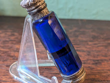 Load image into Gallery viewer, Antique Victorian Cobalt Blue Cut Glass Scent Bottle - Ornate Hinged Silver Cap - 9 cm