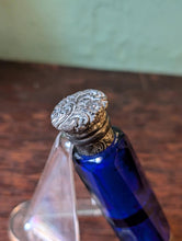 Load image into Gallery viewer, Antique Victorian Cobalt Blue Cut Glass Scent Bottle - Ornate Hinged Silver Cap - 9 cm