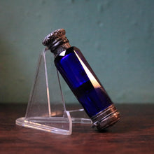 Load image into Gallery viewer, Antique Victorian Cobalt Blue Cut Glass Scent Bottle - Ornate Hinged Silver Cap - 9 cm