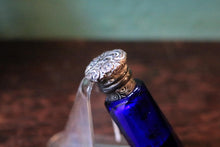 Load image into Gallery viewer, Antique Victorian Cobalt Blue Cut Glass Scent Bottle - Ornate Hinged Silver Cap - 9 cm