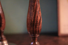 Load image into Gallery viewer, Pair Vintage Wood & Pewter Candlesticks - 27 cm / 10.6"