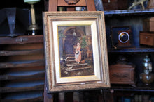 Load image into Gallery viewer, Antique Framed Oil Painting On Board - Courtyard Lady & Doves Scene - Ornate Gilt Wood Frame - 31 x 39 cm
