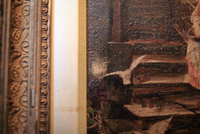 Load image into Gallery viewer, Antique Framed Oil Painting On Board - Courtyard Lady & Doves Scene - Ornate Gilt Wood Frame - 31 x 39 cm