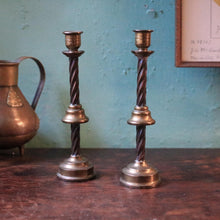 Load image into Gallery viewer, Pair Vintage Barley Twist Brass Candlesticks - Twisted Column Taper Holders - 21 cm / 8.3 in