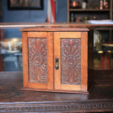 Load image into Gallery viewer, Antique 1910s Carved Oak Smoker’s Cabinet - Tabletop Tobacciana Box With Drawers & Fitted Pipe Rack - 25 x 28 x 18 cm