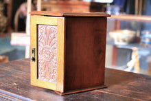 Load image into Gallery viewer, Antique 1910s Carved Oak Smoker’s Cabinet - Tabletop Tobacciana Box With Drawers & Fitted Pipe Rack - 25 x 28 x 18 cm