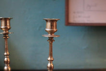 Load image into Gallery viewer, Pair Of Antique Brass Candlesticks - 17 Cm / 6.7 In - Turned Stems - Scalloped Bases