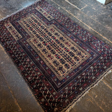 Load image into Gallery viewer, 4'10" X 3'0" - Vintage Afghan Baluch Hand-Knotted Wool Prayer Rug - Madder Red, Camel & Indigo - 148 X 92 Cm