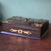 Load image into Gallery viewer, Antique Coromandel Gothic Revival Jewellery Box - Brass Mounted Casket With Dark Cabochon - 23 X 18 X 7 Cm