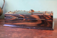 Load image into Gallery viewer, Antique Coromandel Gothic Revival Jewellery Box - Brass Mounted Casket With Dark Cabochon - 23 X 18 X 7 Cm