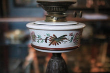 Load image into Gallery viewer, Vintage Duplex Oil Lamp - Opaline Milk Glass Globe Shade - Floral Ceramic Font - 59cm Tall