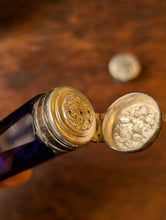 Load image into Gallery viewer, Antique Victorian Cobalt Blue Cut Glass Scent Bottle - Ornate Hinged Silver Cap - 9 cm