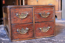 Load image into Gallery viewer, Antique Early 20th Century Card Index Filing Cabinet - 4 Drawer Wooden Desktop File - Brass Handles - 39 x 28 x 50 cm