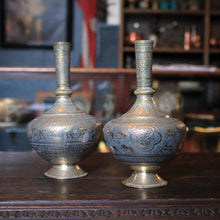 Load image into Gallery viewer, Antique Indian Brass Surahi Pair - Engraved Figural & Floral - 27cm tall