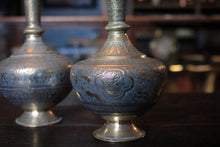 Load image into Gallery viewer, Antique Indian Brass Surahi Pair - Engraved Figural & Floral - 27cm tall