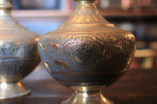 Load image into Gallery viewer, Antique Indian Brass Surahi Pair - Engraved Figural & Floral - 27cm tall