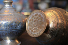 Load image into Gallery viewer, Antique Indian Brass Surahi Pair - Engraved Figural & Floral - 27cm tall