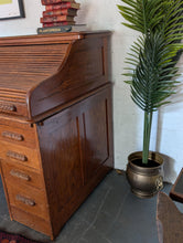 Load image into Gallery viewer, Antique Oak Roll Top Desk - Tambour Writing Desk With Pigeon Holes And Drawers