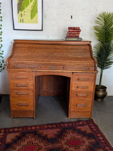 Load image into Gallery viewer, Antique Oak Roll Top Desk - Tambour Writing Desk With Pigeon Holes And Drawers