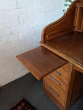 Load image into Gallery viewer, Antique Oak Roll Top Desk - Tambour Writing Desk With Pigeon Holes And Drawers