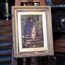 Load image into Gallery viewer, Antique Framed Oil Painting On Board - Courtyard Lady & Doves Scene - Ornate Gilt Wood Frame - 31 x 39 cm