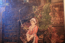 Load image into Gallery viewer, Antique Framed Oil Painting On Board - Courtyard Lady & Doves Scene - Ornate Gilt Wood Frame - 31 x 39 cm