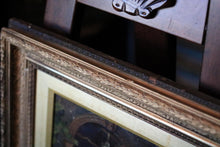 Load image into Gallery viewer, Antique Framed Oil Painting On Board - Courtyard Lady & Doves Scene - Ornate Gilt Wood Frame - 31 x 39 cm