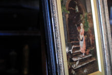 Load image into Gallery viewer, Antique Framed Oil Painting On Board - Courtyard Lady & Doves Scene - Ornate Gilt Wood Frame - 31 x 39 cm